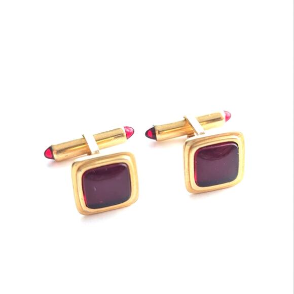 Vintage Estate Krementz Patented Gold Filled Square Ruby Red Cuff Links - Picture 1 of 4